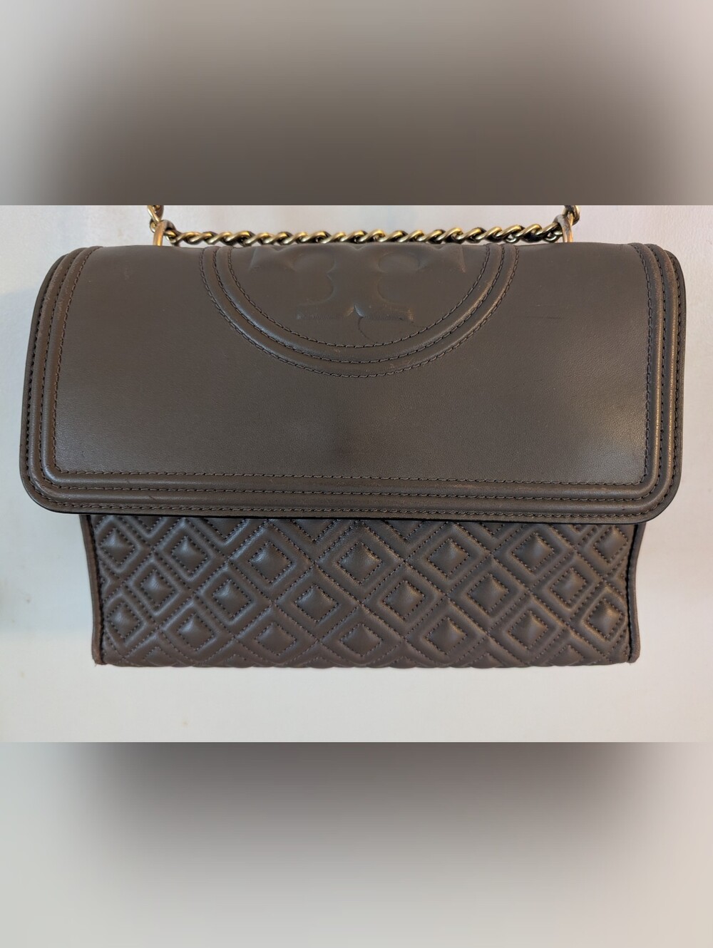 Tory Burch Fleming Dark Taupe Gray Crossbody Shoulder Bag Purse